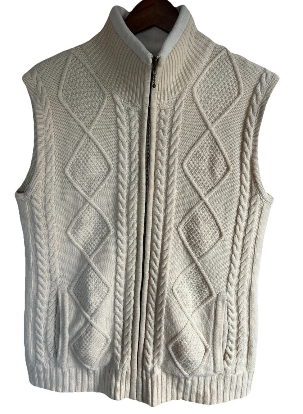 Carraig Donn Ireland Wool Zip Vest Mens L Aran Cable Knit Fleece Lined Cream